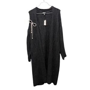 Express Cottagecore Embellished Longline Cable-Knit BLK Bow Brooch Cardigan Sz M